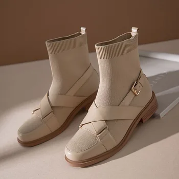 

Vintage Knitted round toe Boots women Cross leather design flat heel ankle boots women 2019 fashion Genuine Leather women boots