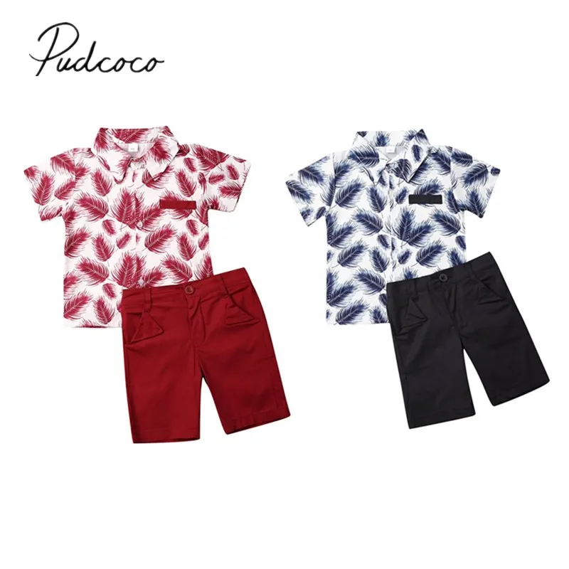 

2019 Baby Summer Clothing Newborn Kid Baby Boys Party Casual Tops Feather Print T-shirt Solid Pants Shorts Outfits Clothes 1-5T