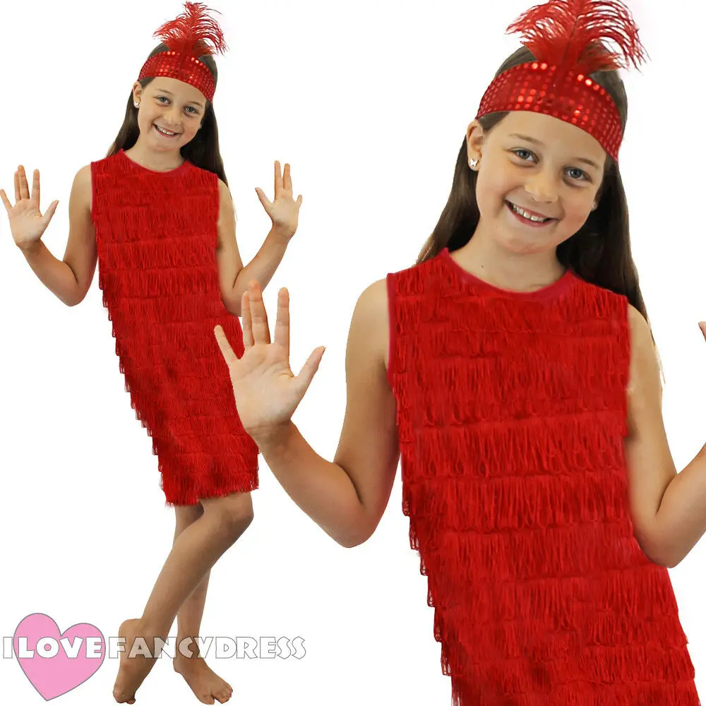 

GIRLS RED FLAPPER DRESS AND HEADPIECE 1920'S FANCY DRESS CHARLESTON COSTUME S-XL