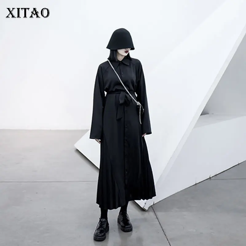 

XITAO Spring 2020 New Pleated Dresses Original Design Bandage Dress Women Long Plus Size Single Breasted Women Clothes DMY2880