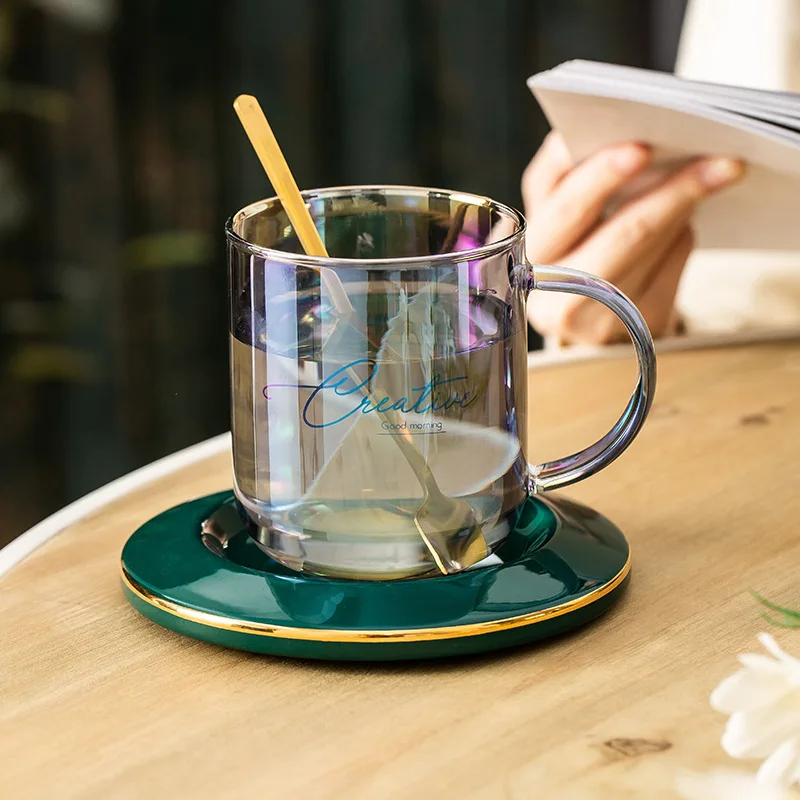 Luxury Glasses Cup with Ceramics Tray Phnom Penh Star Moon Dish Coffee Mug  Set Flower Glass Cup Watter Tea Mug Kitchen Drinkware - AliExpress