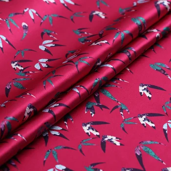 

real Silk Fabric red leaf print Summer Soft Elastic Satin Exquisite Dress Diy
