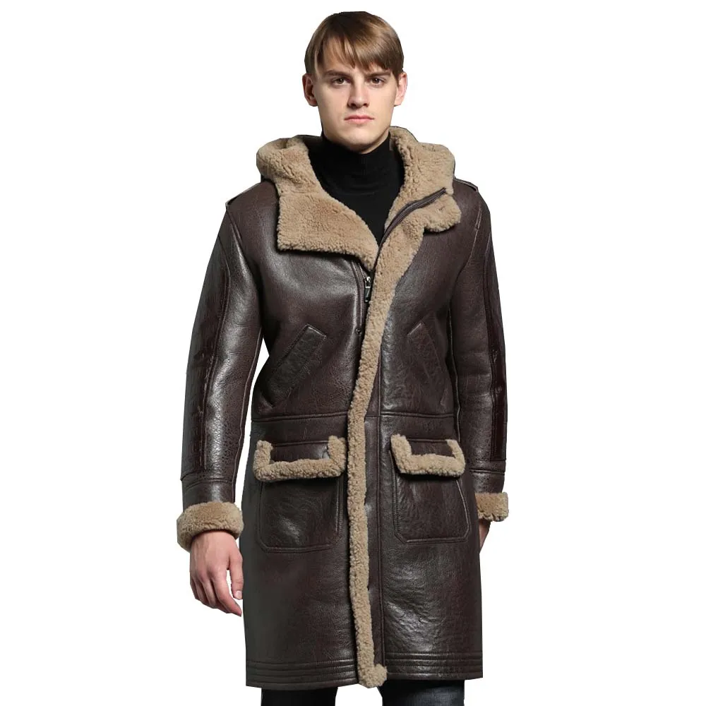 Утолщенная длинная овечья шерсть, Мужская зимняя теплая овечья кожа, куртка из натуральной кожи коричневого цвета с капюшоном, одежда из натурального меха - Цвет: Коричневый