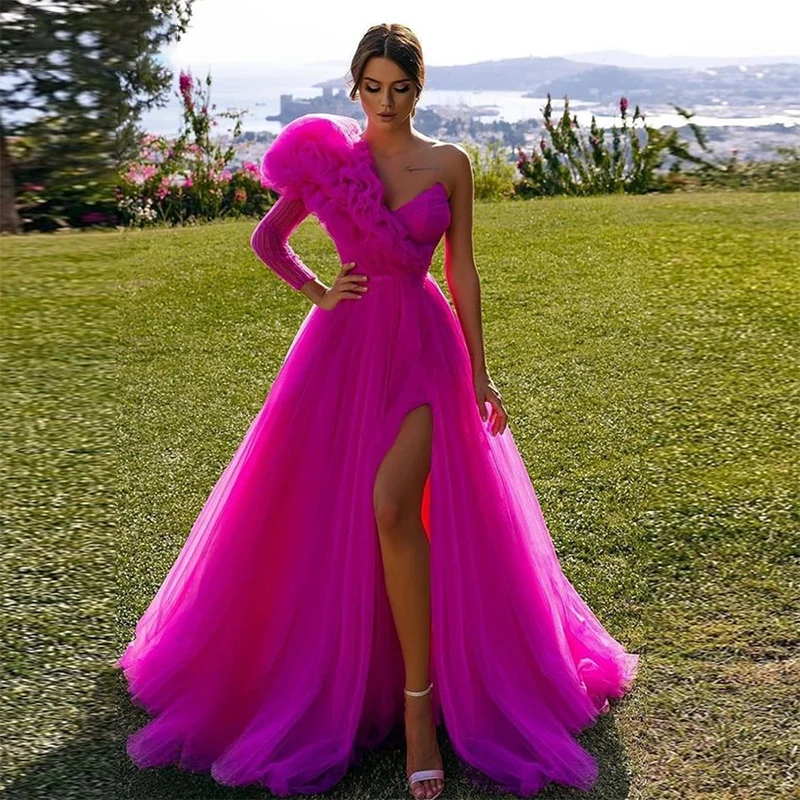 Exquisite Fuschia Evening Dress One-Shoulder Floor-Length A-LINE Tulle Prom Vestidos De Fiesta Robe De Soiree Plus Engagement plus size ball gowns