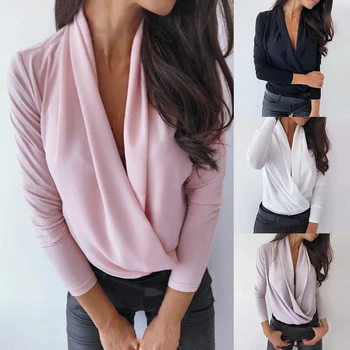 

JODIMITTY Spring Women's Elegant Shirts Sexy Deep V-Neck Blouse Long Sleeve Tops Pull Femme Slim Blusas Feminina Plus Size S-3XL