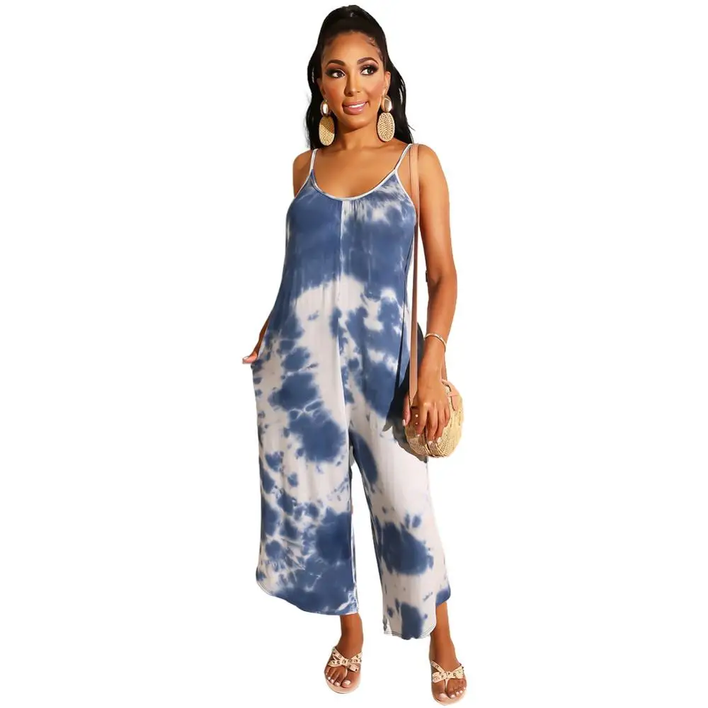 

Adogirl 2020 New Women Sexy Strapless Tie-dyed Backless Jumpsuit Casual Spaghetti Print Strap Wide Leg Long Pant Jumpsuits
