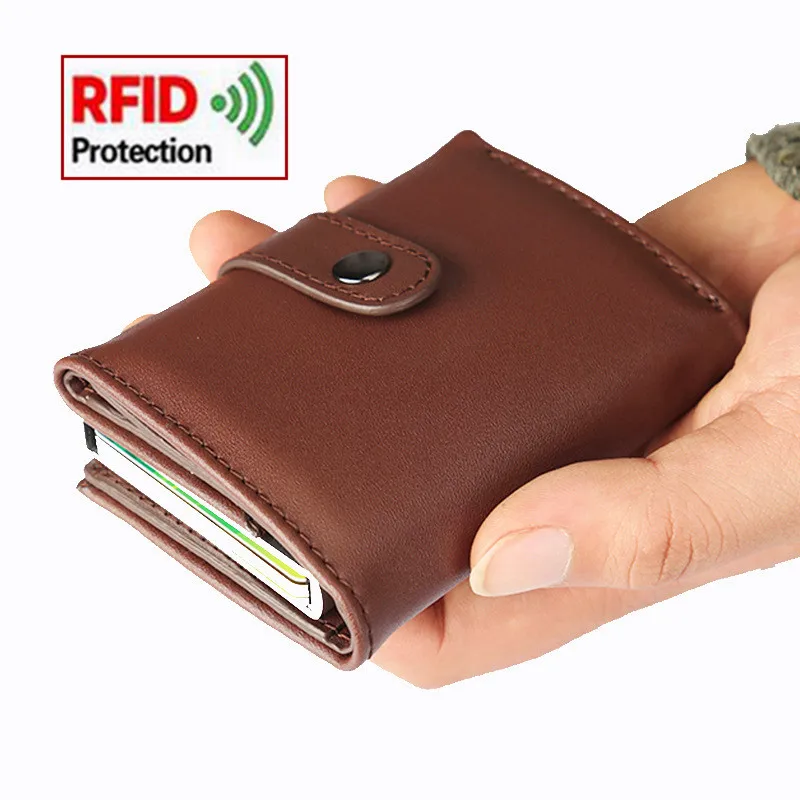 

2019 Aluminium Alloy Credit Card Holder Luxury RFID Blocking PU Leather Wallet Card Holder Automatic Pop Up Card Case