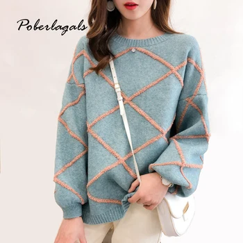 

korean Autumn winter Knitting Sweaters Women pullover 2019 lattice loose sweaters female casual knit Pullovers lady sweaters