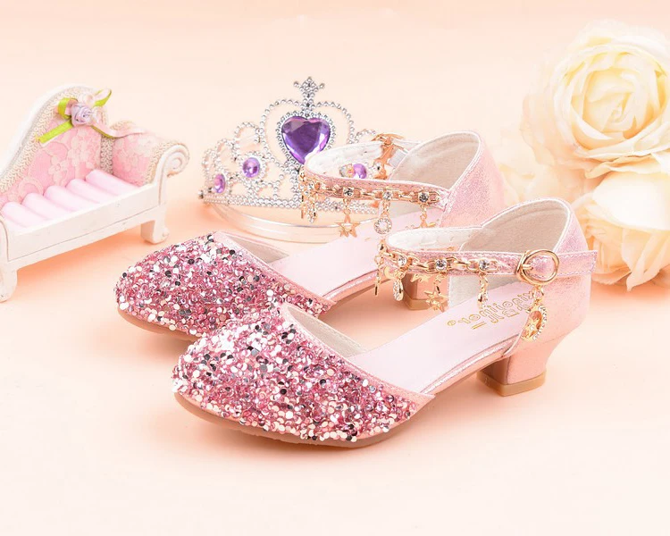Детская летняя обувь для девочек на высоком каблуке; стразы; сандалии принцессы для детской вечеринки; Свадебная танцевальная обувь; От 4 до 14 лет - Цвет: pink