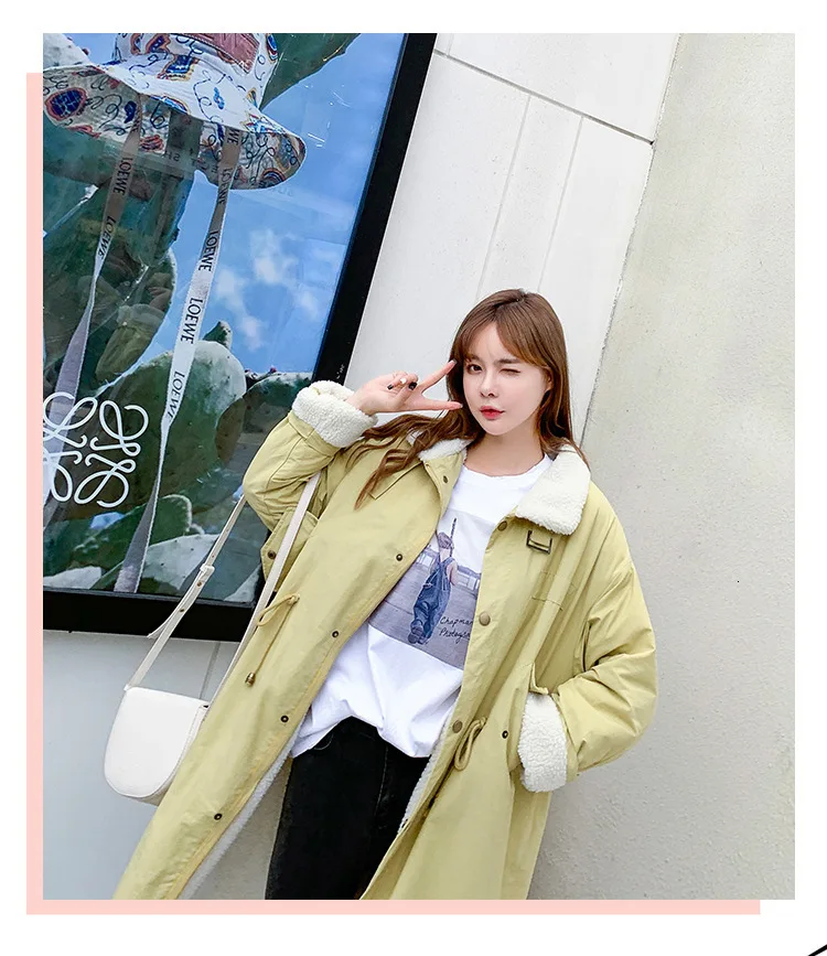 Women Lamb Wool Collar Long Hooded Oversize Winter Dress Down Coat Thick Warm Jacket Cotton Padded Wadded Parkas 3D Big Pocket
