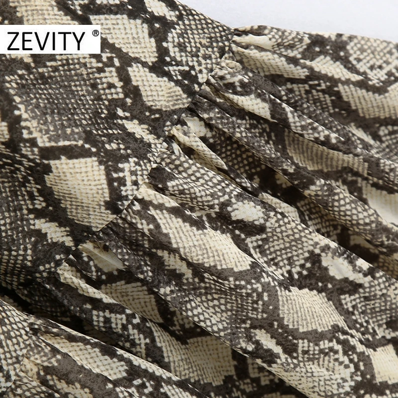 ZEVITY women vintage snake skin print sashes midi dress female animal texture pleated ruffles kimono vestido chic dresses DS4474