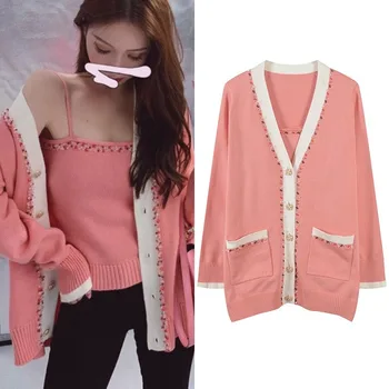 

2020 New Spring Women Set Two Piece Set Long Sleeve Single Breasted Beaded Cardigans Sexy Off Shoulder Sleeveless Camis Knitted
