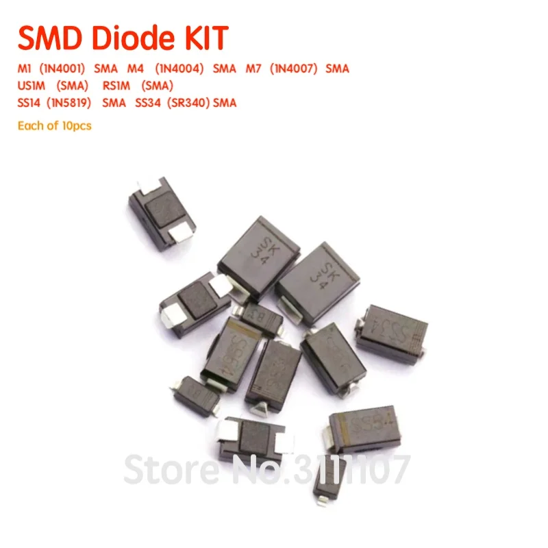 Комплект диодов SMD 70 шт./лот/M1 (1N4001) / M4 (1N4004) M7 (1N4007)/ SS14 US1M RS1M SS34 7 видов * 10 шт. = |