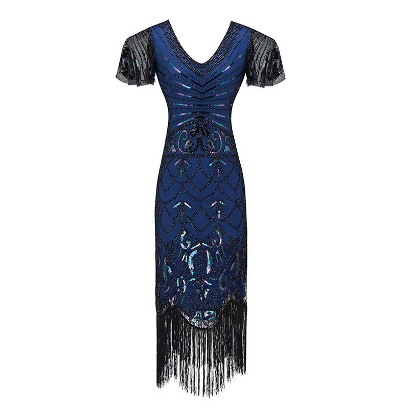 Blue Dress 1920s Гэтсби блесток бахромой Пейсли Хлопушка платье с 20s аксессуары набор xs, s, l, m, xl, xxl - Цвет: Blue Dress
