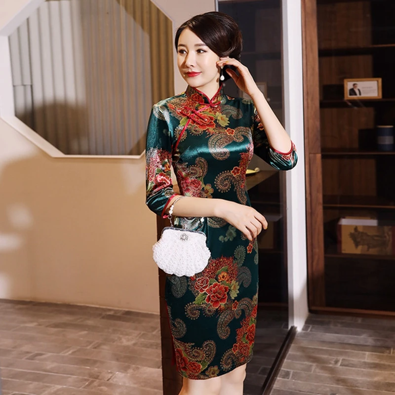 XL элегантный Улучшенный модный короткий рукав cheongsam с золотым бархатным принтом cheongsam женская Ретро короткая юбка