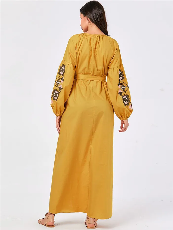 Осеннее платье абайя с вышивкой и длинным рукавом, женское мусульманское Макси-кафтановое платье, джилбаб, арабское исламское платье с круглым вырезом и завязками, модная одежда