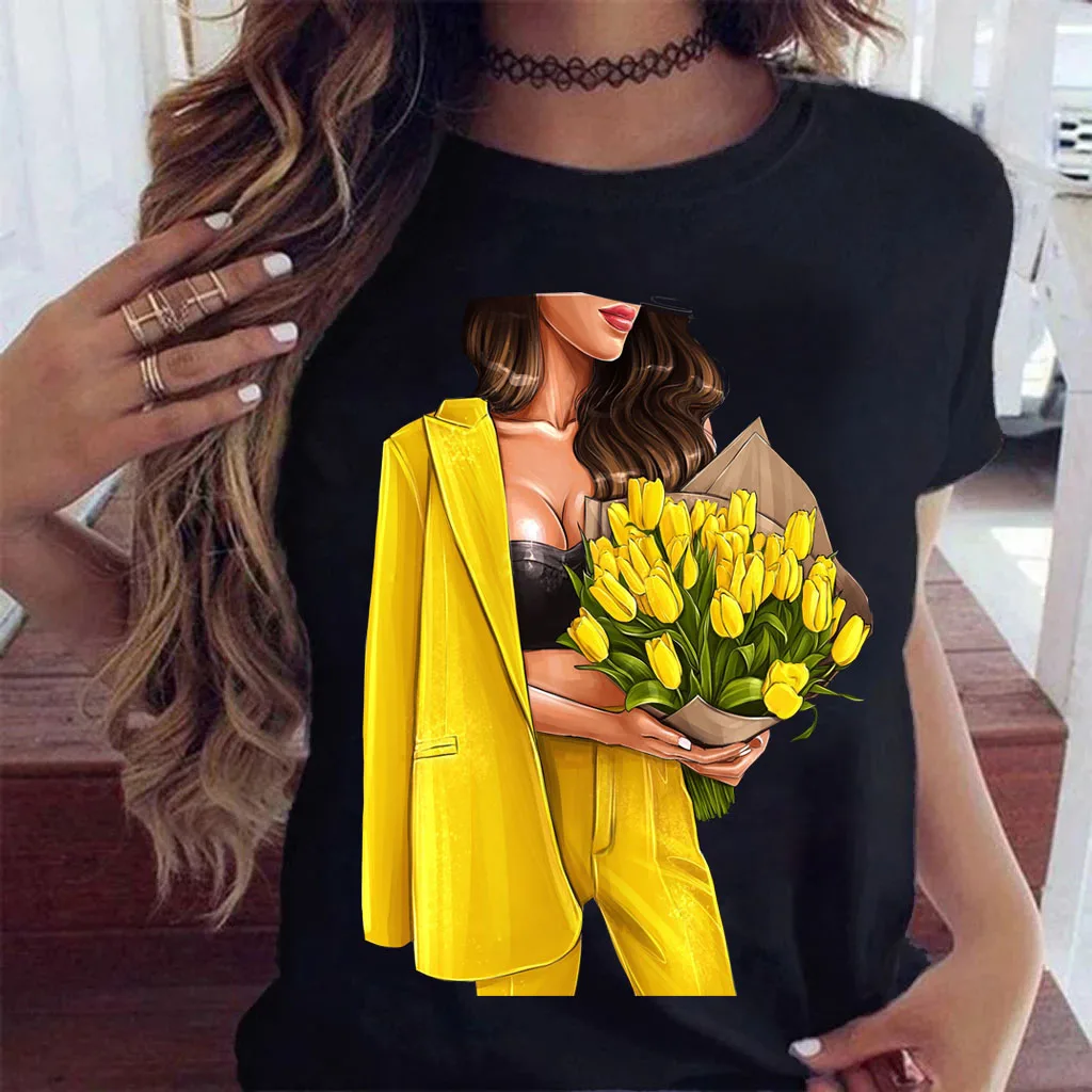 Fashion Women T Shirt Sunflower Girl Printed T Shirt Casual Black Tops 90s Ladies Girl Tee Shirt Female Harajuku Graphic T-shirt sport t shirt