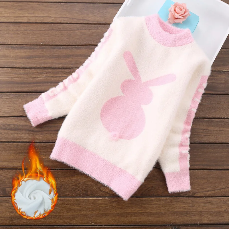bunny beige Velvet Высококачественная одежда для маленьких девочек; утепленные пуловеры; зимние вязаные свитера с рисунком для девочек; теплый свитер с плюшевой подкладкой; одежда для маленьких девочек - Цвет: bunny beige Velvet