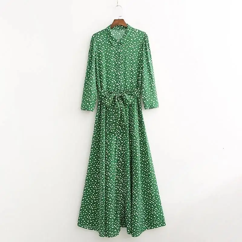 Новое Женское Платье-рубашка с поясом, женское зеленое винтажное платье в горошек, ТРАПЕЦИЕВИДНОЕ весенне-осеннее длинное платье макси с рукавом 3/4
