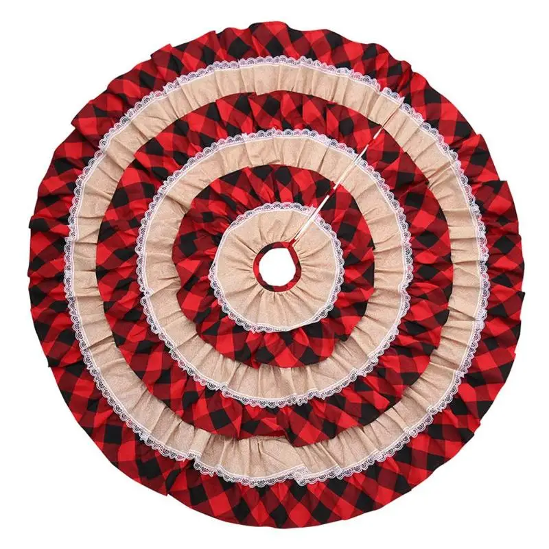 

Exquisite Soft Christmas Tree Skirt Red Cake Plaid Lace Velcro Carpet Round Linen Apron New Year Blanket Home Parties Decoration