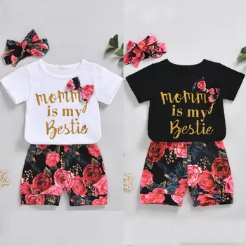 

3PCS Toddler Kid Baby Girls Bowknot Tops Floral Shorts Pants Headband Outfits AU