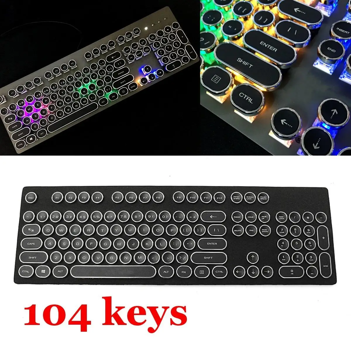 104 keys 87/104 Keycap Ретро игровая клавиатура английская раскладка круглая клавиатура с подсветкой USB Проводная светящаяся металлическая панель с кристаллами - Цвет: 104 keys