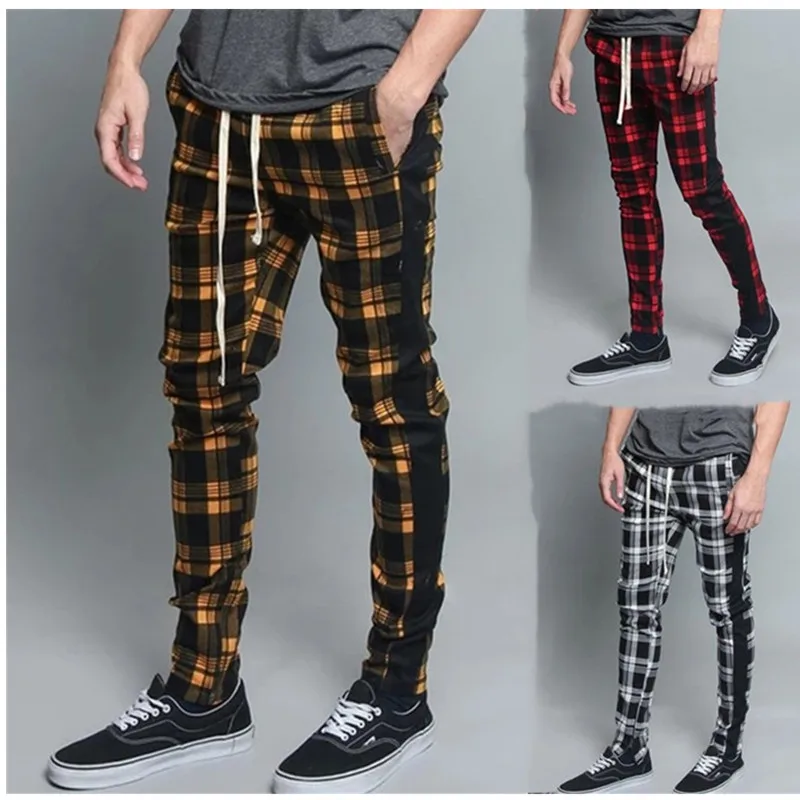 2019 spring and summer fashion pocket Men's Slim Fit Plaid Straight Leg Trousers Casual Pencil Jogger Pants |