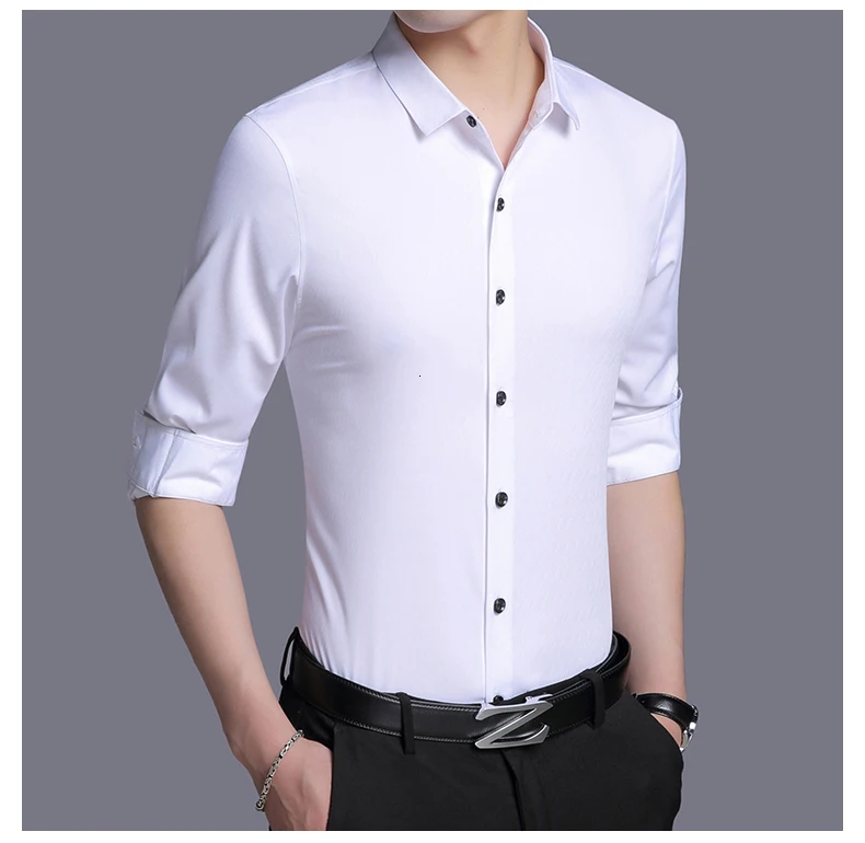Весенние мужские рубашки с длинным рукавом, белая рубашка из натурального шелка, черные мужские рубашки, повседневные облегающие корейские рубашки KJ1966