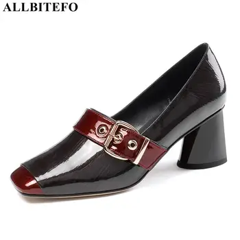

ALLBITEFO natural genuine leather women heels square toe spring fashion high quality high heel shoes high heels women shoes