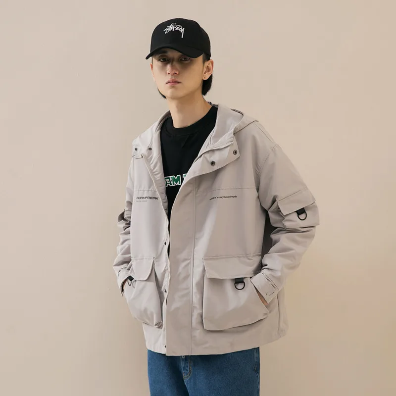 

2019 Autumn And Winter Men's New Casual Solid Color Letter Printing Pocket Hooded Zipper Jacket Loose Temperament Trend Cotton