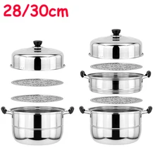 Пароварка Нежавеющая Сталь Многофункциональный Горшок Сгущай Двухслойный Отпариватель и Трехслойный Паровой Горшок 28CM / 30CM / 32CM