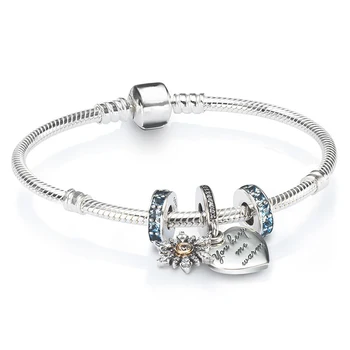 

NEW 100% 925 Brand New 1:1 Charm Fashion Blue Temperament & Heart Shaped Snowflake Pendant Charm Bracelet Set