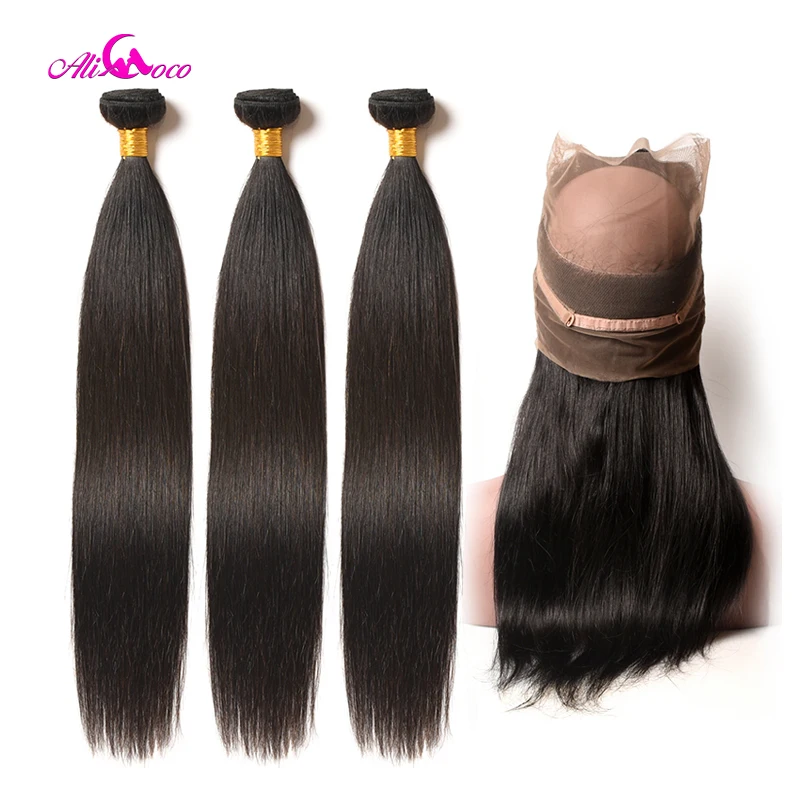  Ali Coco Brazilian Straight Hair 360 Lace Frontal Closure With Bundles Human Hair 3 Bundles With Cl