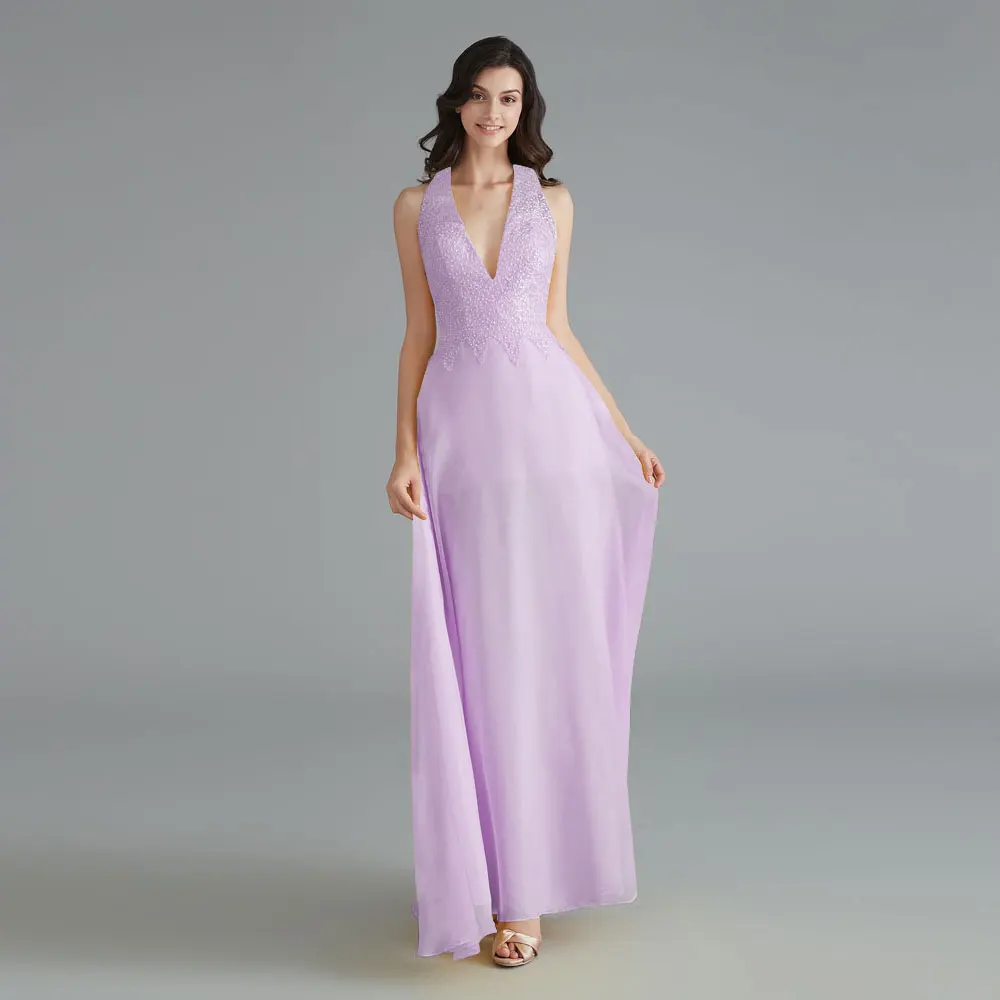 Light Purple Элегантные шифоновые вечерние платья с v-образным вырезом, кружевное платье в деловом стиле, новогоднее свадебное платье Vestido De Noiva - Цвет: Light Purple