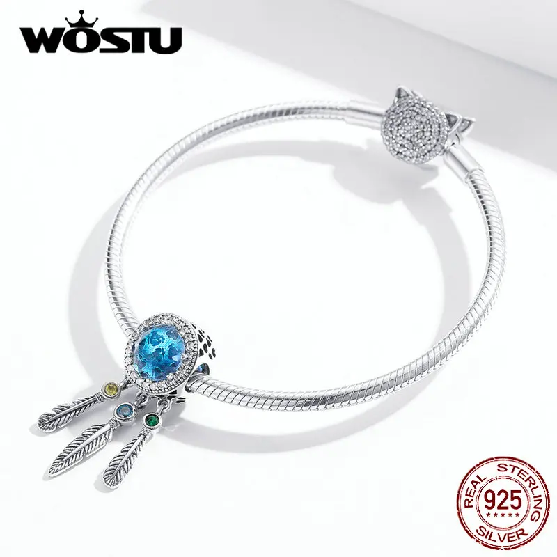 WOSTU настоящая 925 пробы серебряная подвеска, Ловец снов перо талисманы подходят браслет кулон синие стеклянные бусины, украшения CQC1384