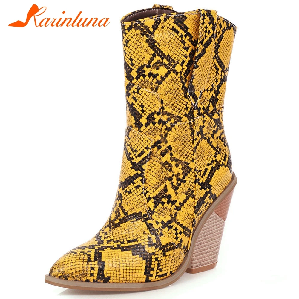 

KARINLUNA 2019 BIG SIZE 33-46 BRAND DESIGN INS SNAKE VEINS HIGH HEELS MID CALF BOOTS WOMEN SHOES WESTERN BOOTS SHOES WOMAN