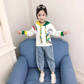 

4 6 8 10 12 Year Old Girls Sports Suit 2019 Spring and Autumn New Girls Clothing Hooded Long-sleeve Sweater + Jeans Two-piece