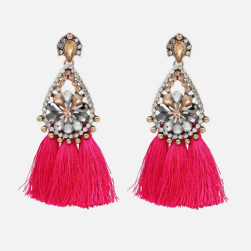 Ztech Red Resin/Crystal Drop Earrings For Women Handmade Fringed Tassel Dangle Statement Wedding Earrings Party Christmas Gift
