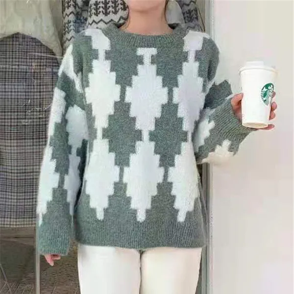 RUGOD вязаный свитер большого размера с алмазным узором, пуловер, джемпер, трикотаж, Зимние Топы для женщин, корейский стиль, женские свитера - Цвет: Зеленый