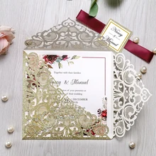 50Pcs Custom Vierkante Laser Cut Glitter Gouden Bruiloft Uitnodigingen Met Envelop Voor Bruiloft, Feest