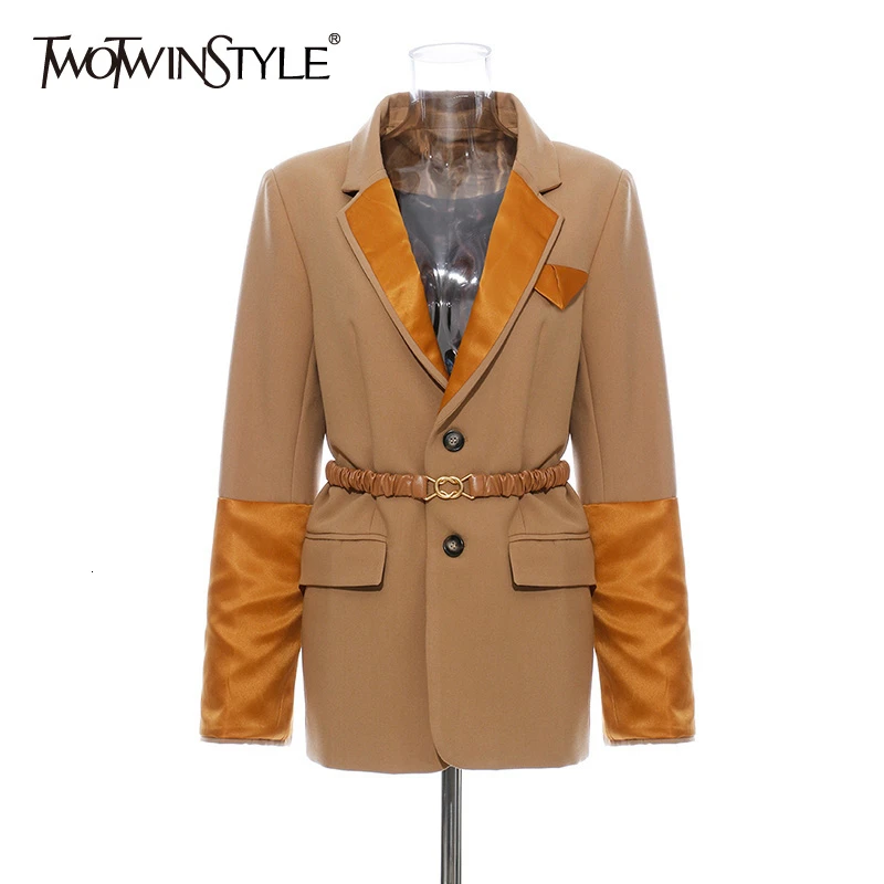 TWOTWINSTYLE Хит Цвет Лоскутные блейзеры женский Зубчатый воротник длинный рукав