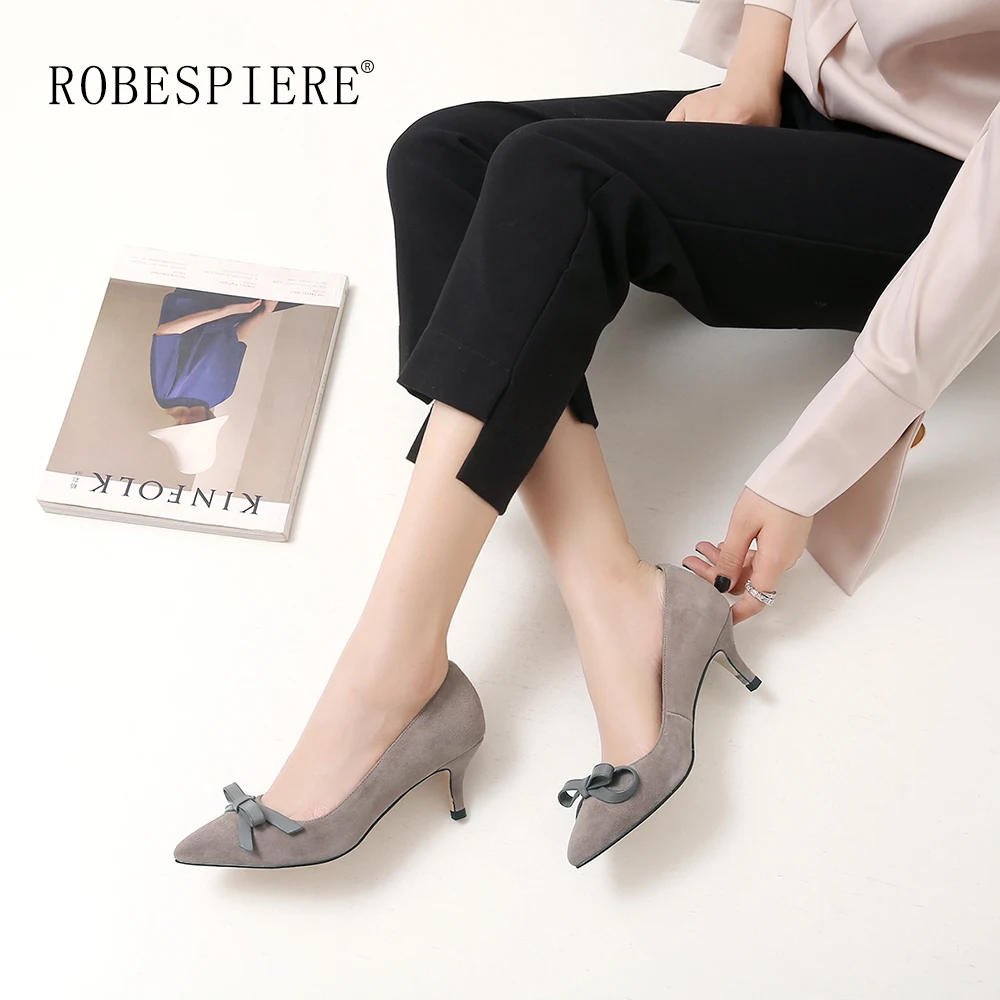 

ROBESPIERE Elegant Bowknot Party Weddding Pumps Female Sexy Pointed Toe Genuine Leather Shoes Woman High Heels Office Pumps A27