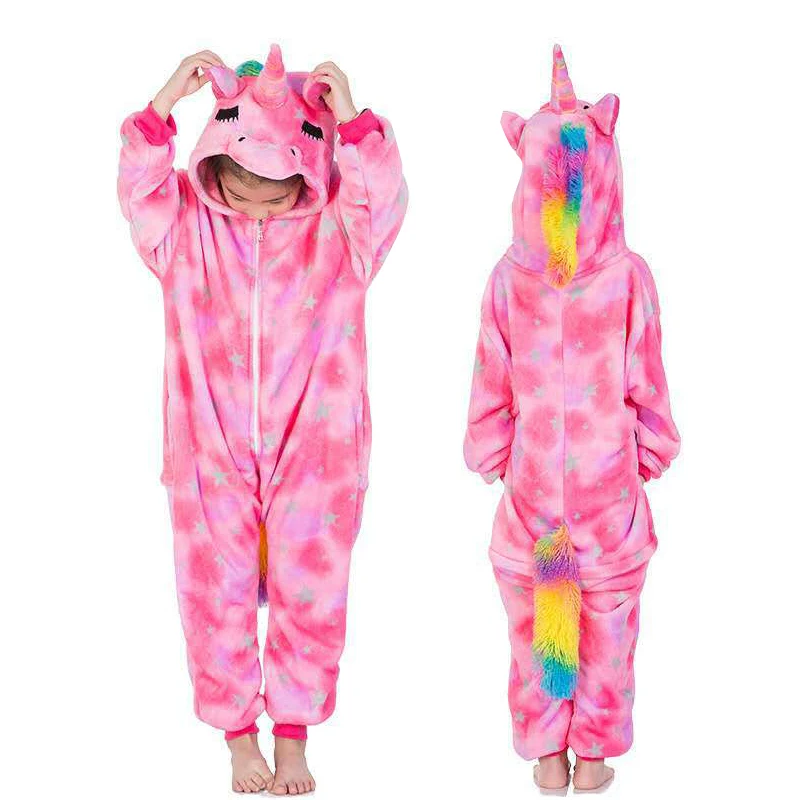 Kigurumi Onesie/Детские пижамы, пижамы с единорогом для мальчиков и девочек, зимние пижамы с животными, детская одежда для сна, Комбинезоны для подростков 4, 6, 8, 10 лет - Цвет: Pink star Unicorn