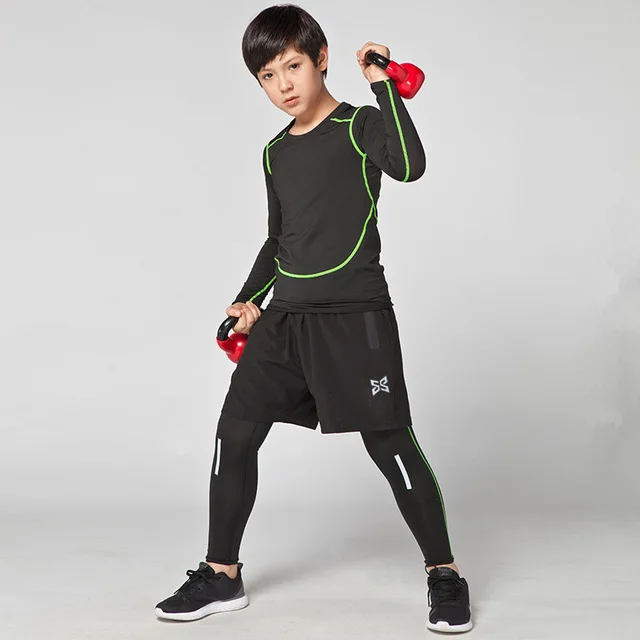 3PCS green line set Детские комплекты для бега из 2 предметов Молодежные футбольные баскетбольные брюки для тенниса рубашки с длинными рукавами колготки спортивные Леггинсы для бега нижнее белье для фитнеса - Цвет: 3PCS green line set