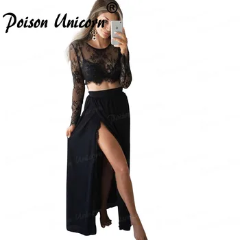 

Robe De Soiree Two Pieces Black Evening Dress 2020 Vestido De Festa Longo A Line O-Neck See Through Lace Long Sleeve Prom Gowns