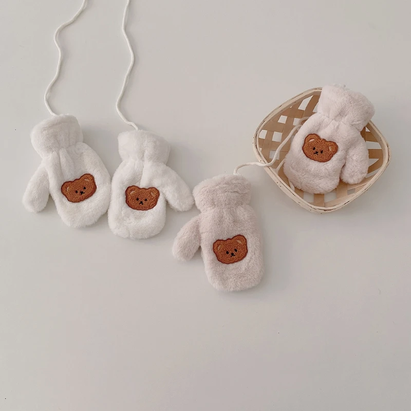 

1 Pair Cartoon Winter Children Gloves Thicken Fleece Baby Mitten with String Toddlers Warm Full Finger Gloves for 1-6Y Boys Girl