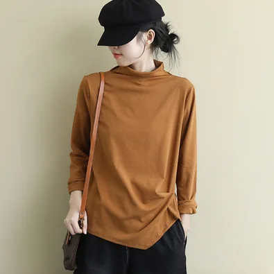 QPFJQD Spring Autumn Womens Cotton T Shirt Literary Long Sleeve Turtleneck Top Tees Ladies Warm Keep Shirt Mori Girls Tshirts - Цвет: Цвет: желтый