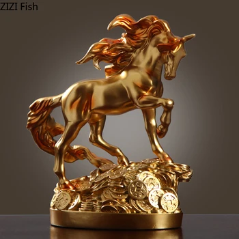 

Golden Horse Statuette Crafts Ornaments Dark Horse Animal Statue Office Desktop Decor Nordic Home Decoration Resin Figurines