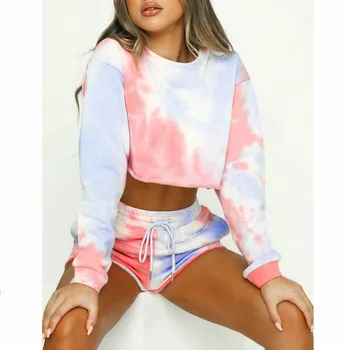 

Fashion Tie Dye Women Sets Long Sleeve Crop Tops Hemming Crew Neck Tops and Pockets Drawstring Shorts 2Pcs Sets Autmn Clothes