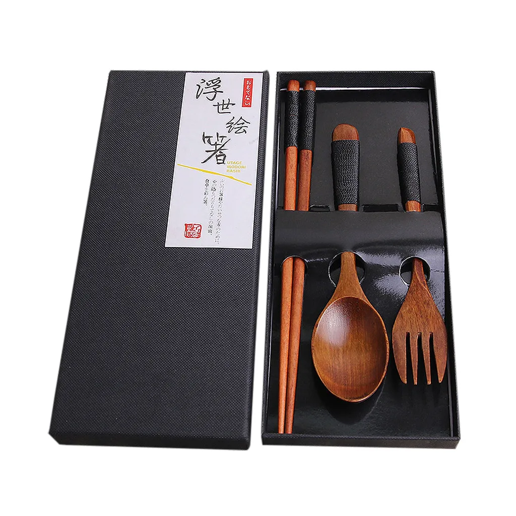 New Japanese Style Vintage Wooden Chopsticks And Spoon Tableware 5pcs Set